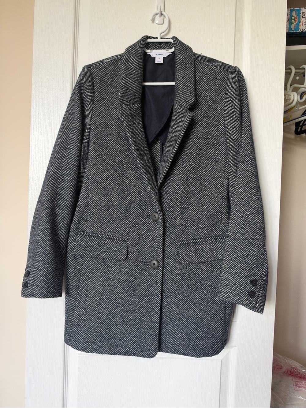 Wool-Blend Herringbone Blazer Jacket - Dark Navy and White